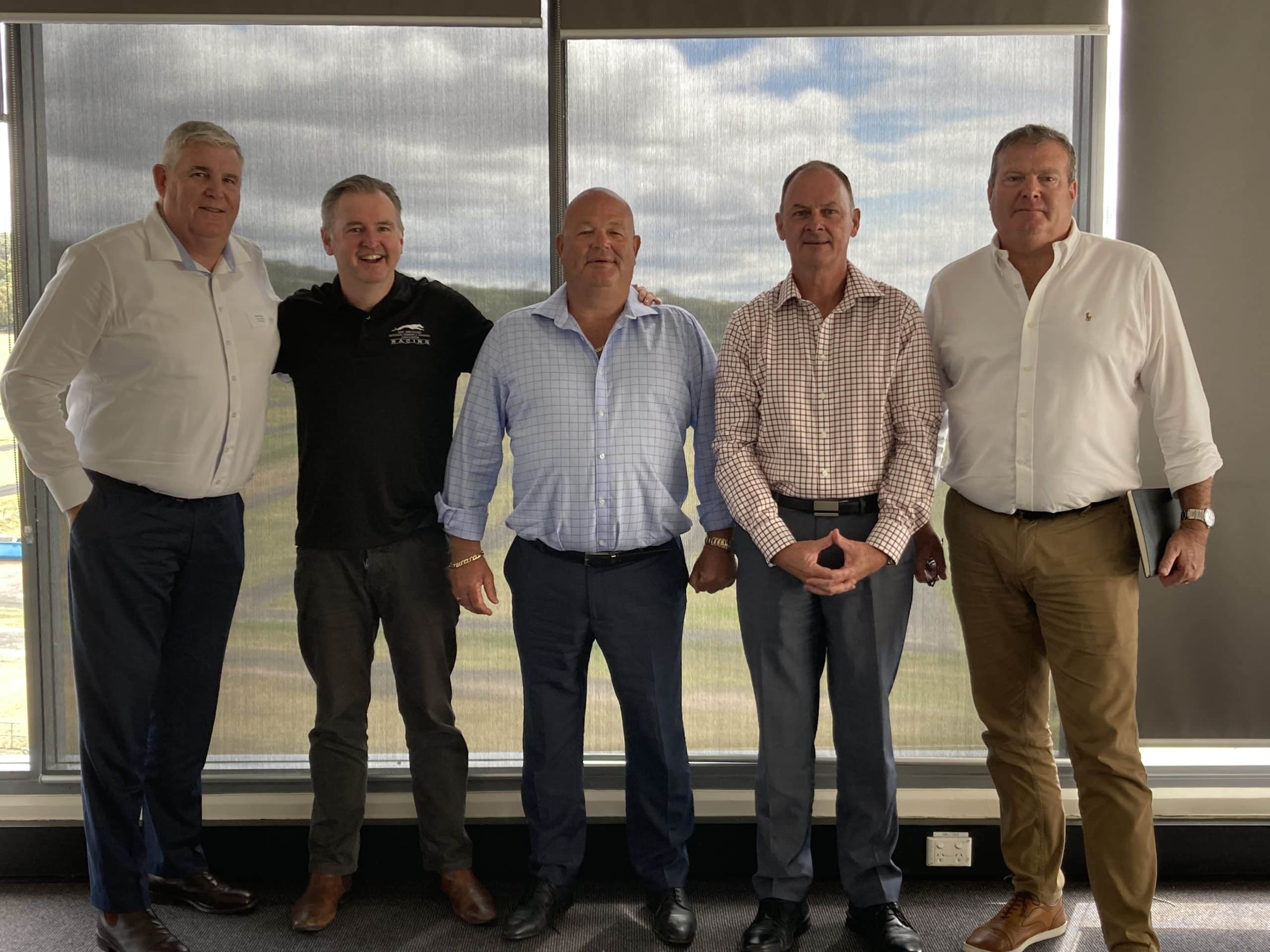 Race Injury Reduction Summit. Pictured: Alby Taylor (Chief Commissioner, Greyhound Welfare Integrity Commission), Allan Hilzinger (CEO, Greyhound Breeders, Owners, Trainers Association), Shayne Stiff (President, Greyhound Clubs NSW), Steve Griffin (CEO, Greyhound Welfare Integrity Commission) and Robert Macaulay (CEO, Greyhound Racing NSW).